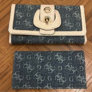 NWT GUESS Blue/White Logo Trifold Long Continental Wallet Checkbook Cover Set